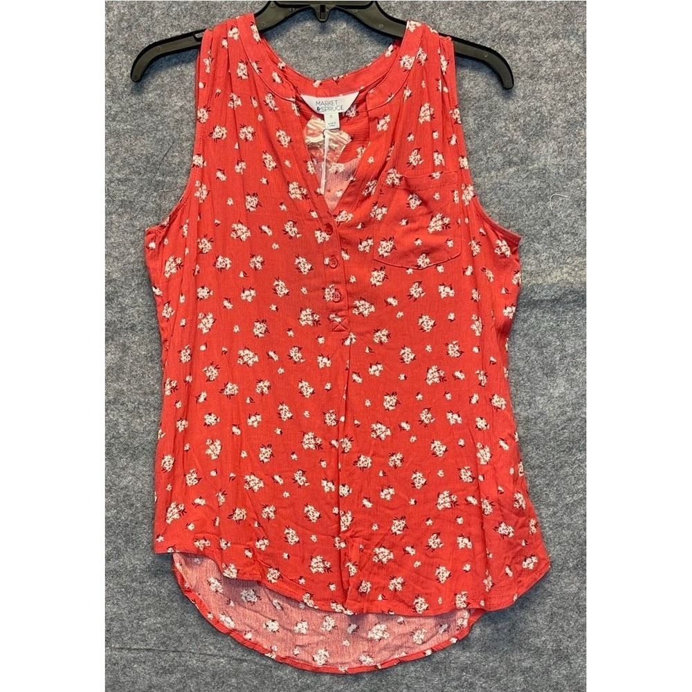 MARKET & SPRUCE Sleeveless Blouse Womens Small Coral White Floral V-Neck Stretch